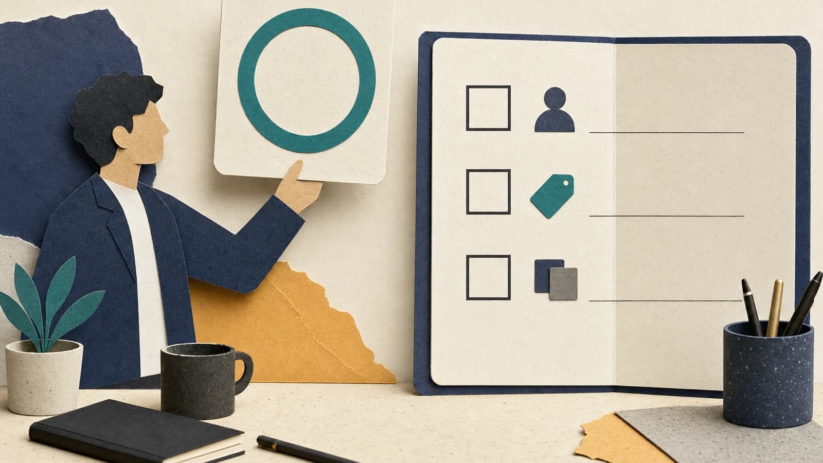 Founder holding one SaaS idea card next to an open checklist of buyers, prices and competitors still to verify