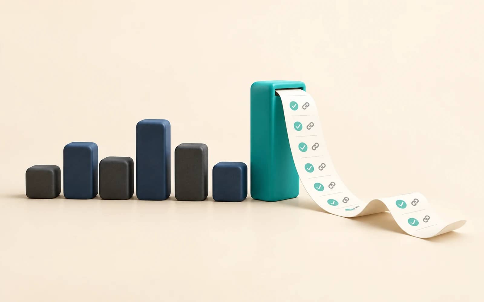A row of dark blocks and one tall teal block printing a receipt of checked, linked sources