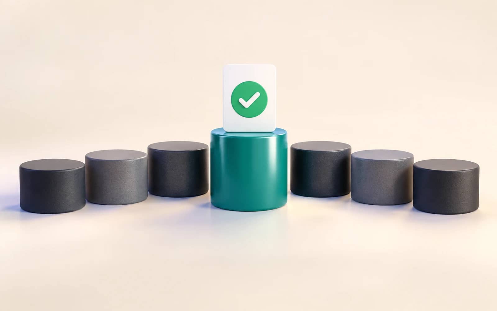 Seven plinths in an arc, the tall teal one in the middle holding a green check card