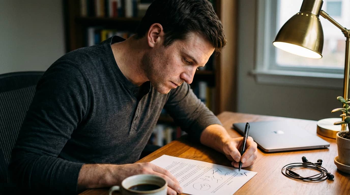 Founder drafting a startup business plan on a laptop with sticky notes mapping the core sections