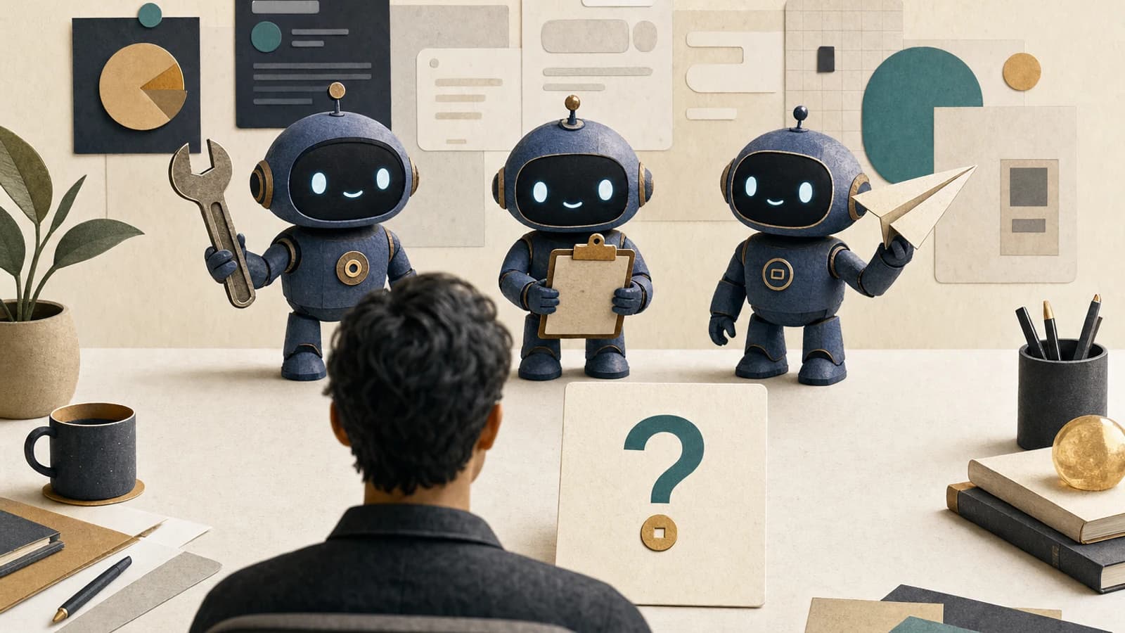 A founder facing three always-on AI agents ready to work, with an empty card asking who pays