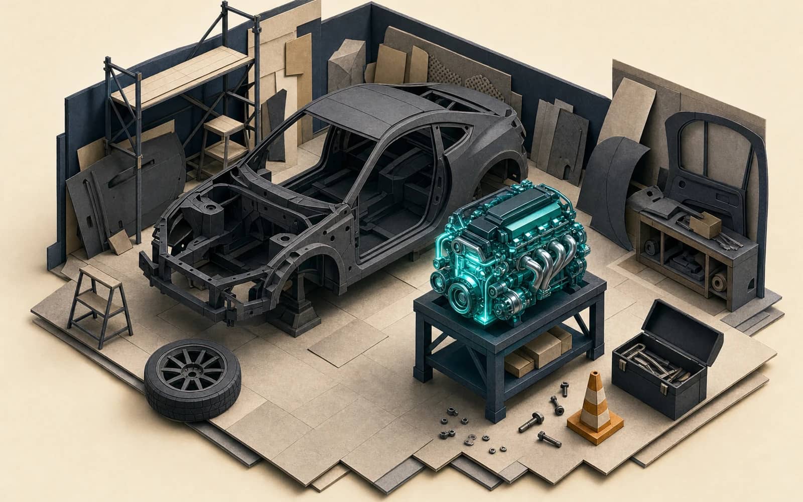 ChatGPT Dots review: a glowing teal engine on a stand beside a half-built car in a paper-craft workshop, a strong model inside an unfinished product