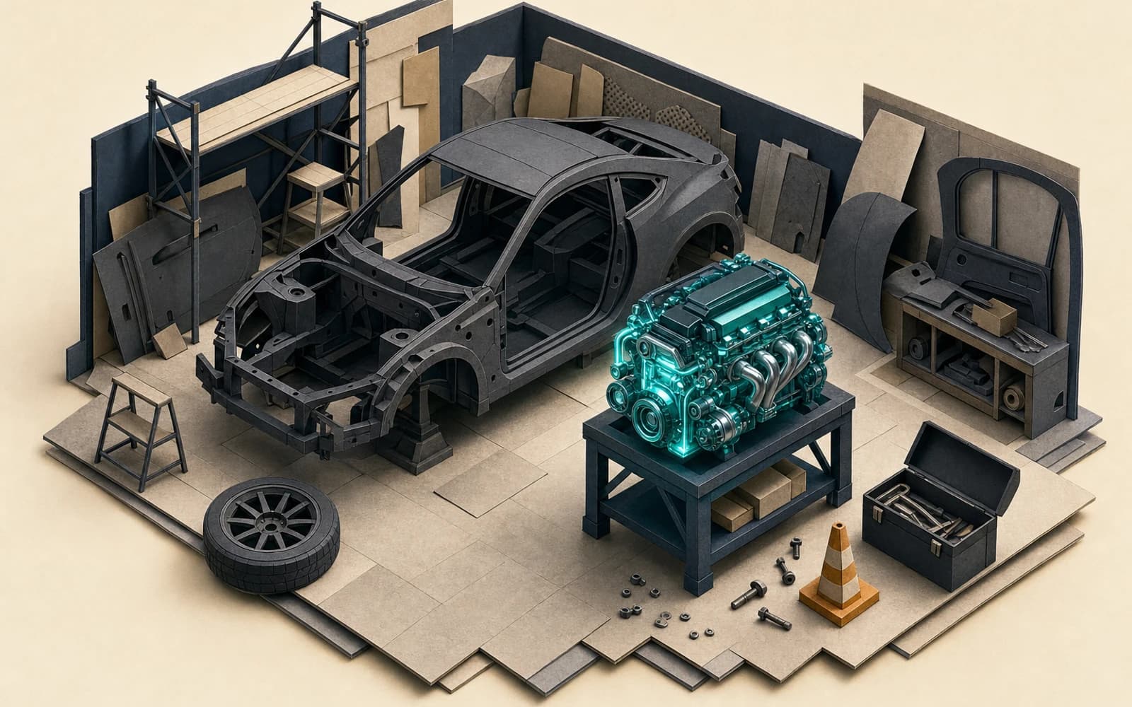ChatGPT Dots review: a glowing teal engine on a stand beside a half-built car in a paper-craft workshop, a strong model inside an unfinished product