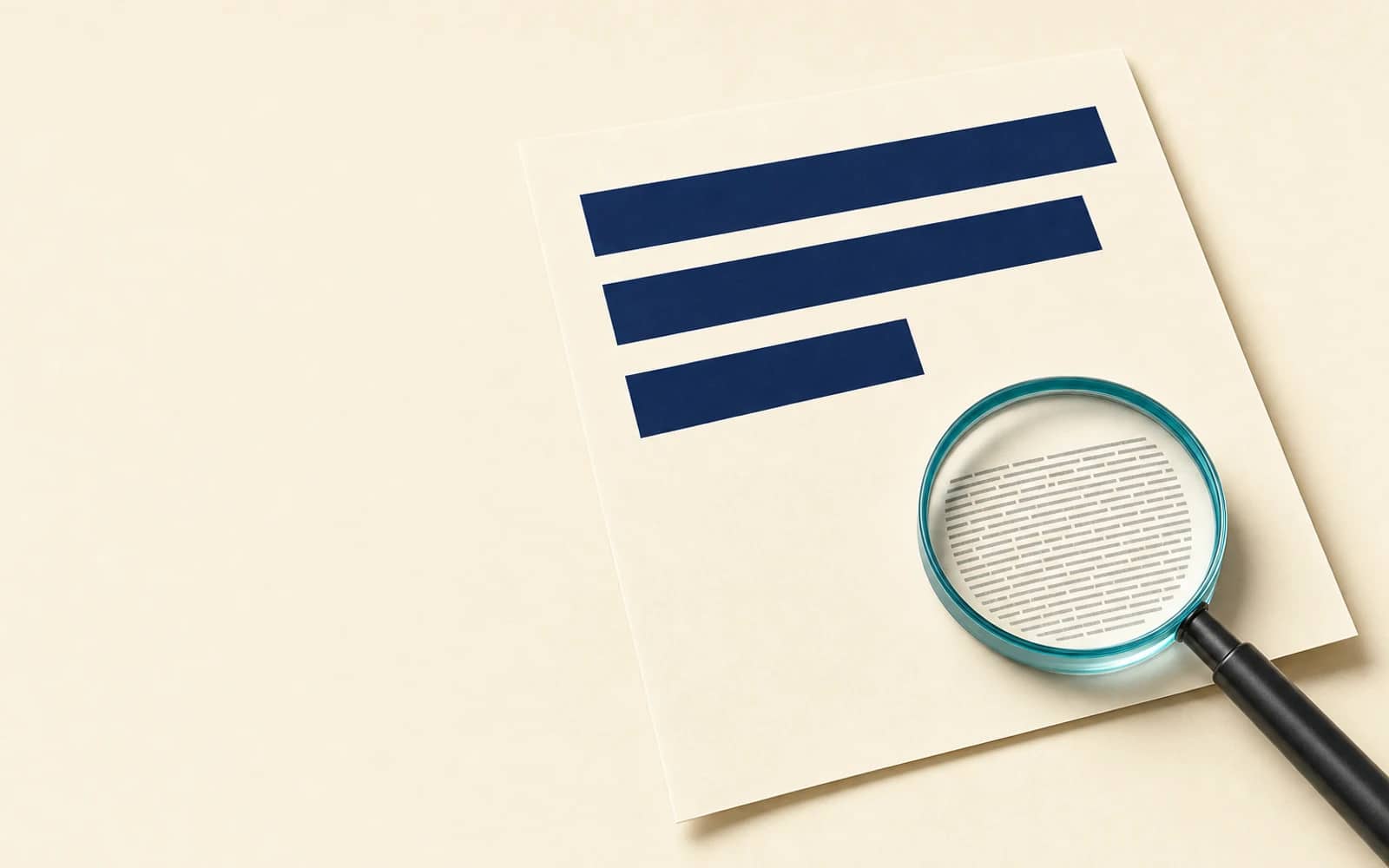 Cofounder.co review: a page with three big navy bars and a tiny block of fine print that only shows under a teal-rimmed magnifying glass