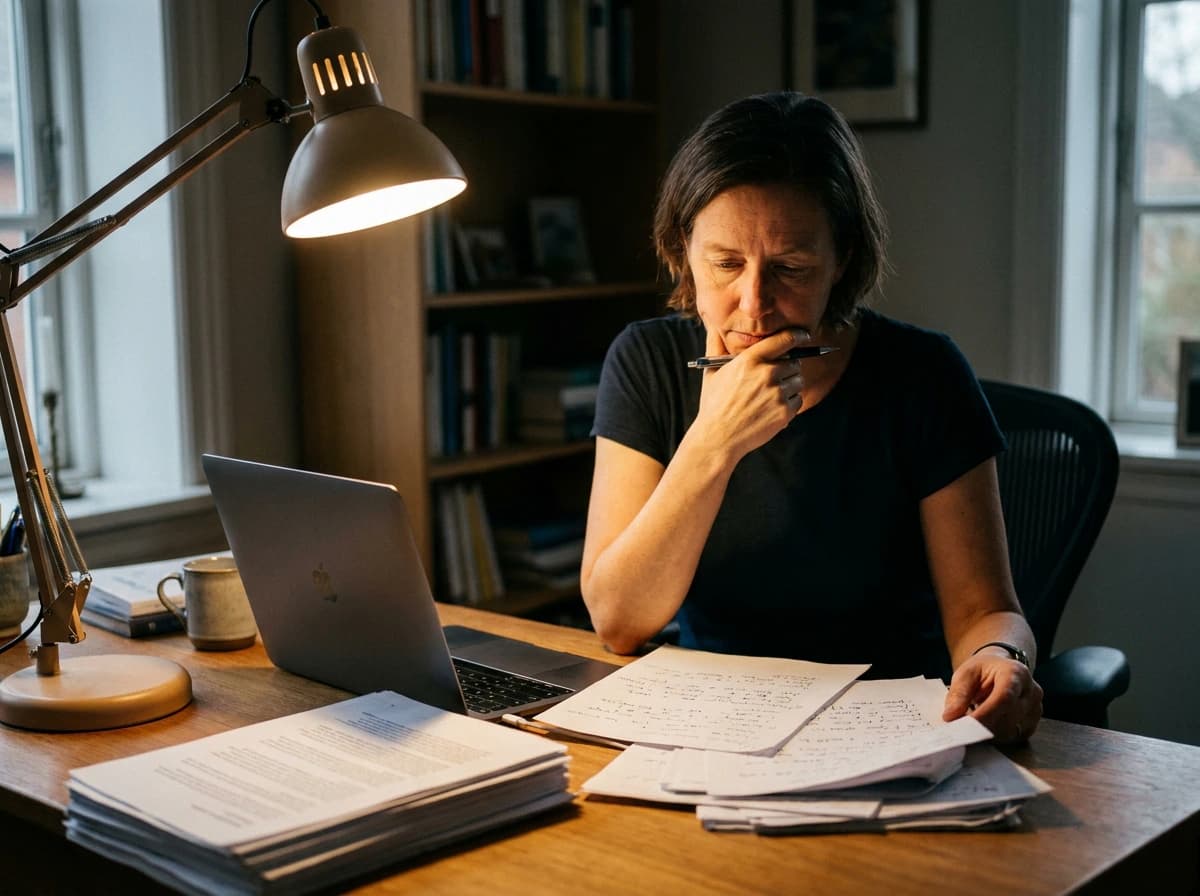 Founder reviewing customer discovery notes at a desk under warm lamp light