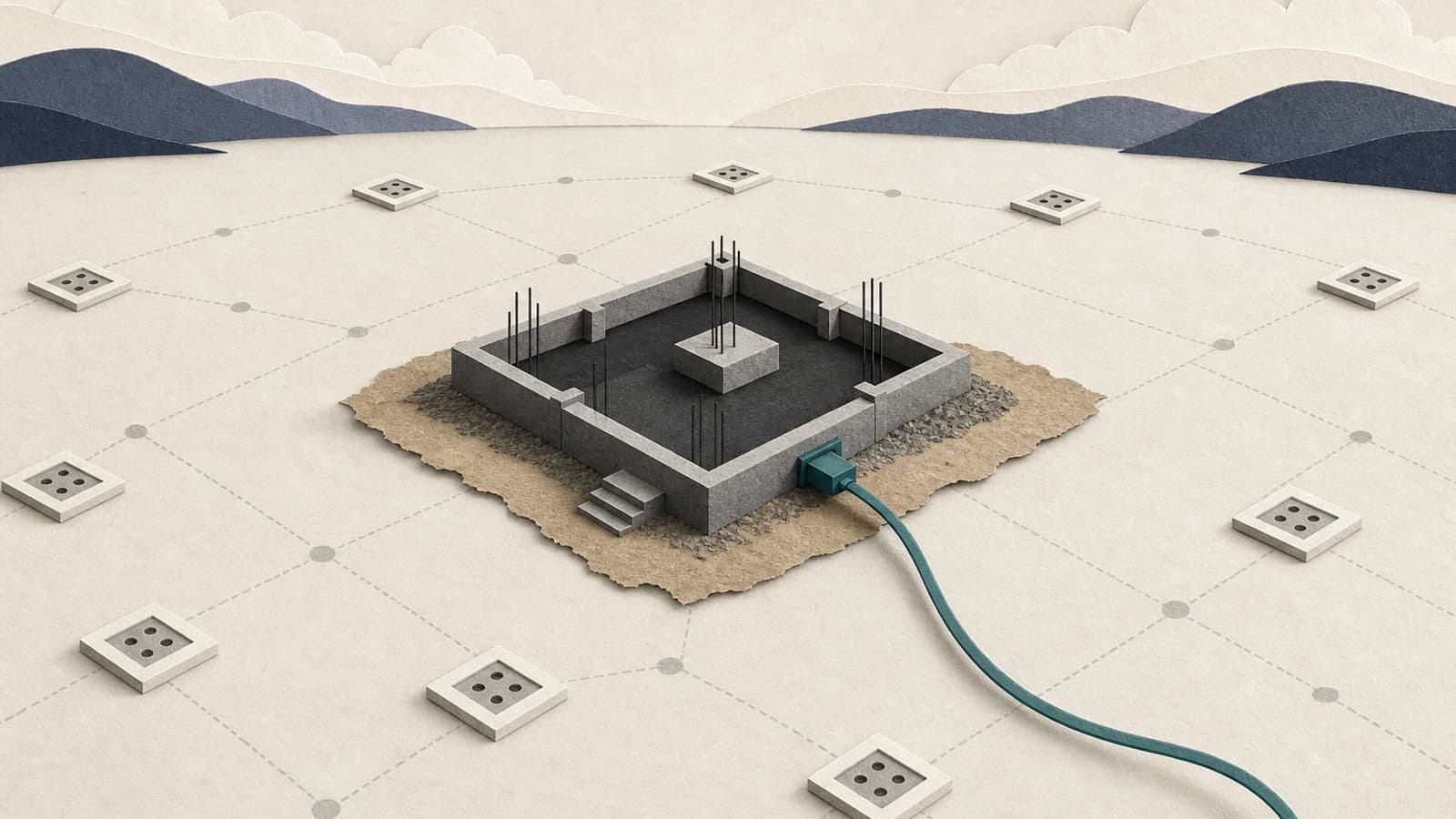 An early MCP infrastructure plot, mostly unbuilt, with one connector plugged into a central hub