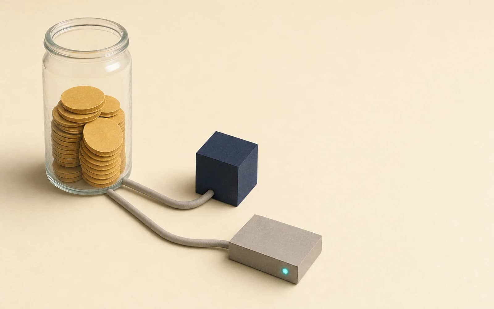 Emergent AI review: one glass jar of paper coins with two tubes, one feeding a navy app cube and one feeding a server box with a teal light, showing one credit balance paying for building and for hosting
