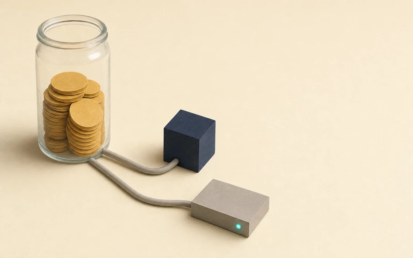 Emergent AI review: one glass jar of paper coins with two tubes, one feeding a navy app cube and one feeding a server box with a teal light, showing one credit balance paying for building and for hosting