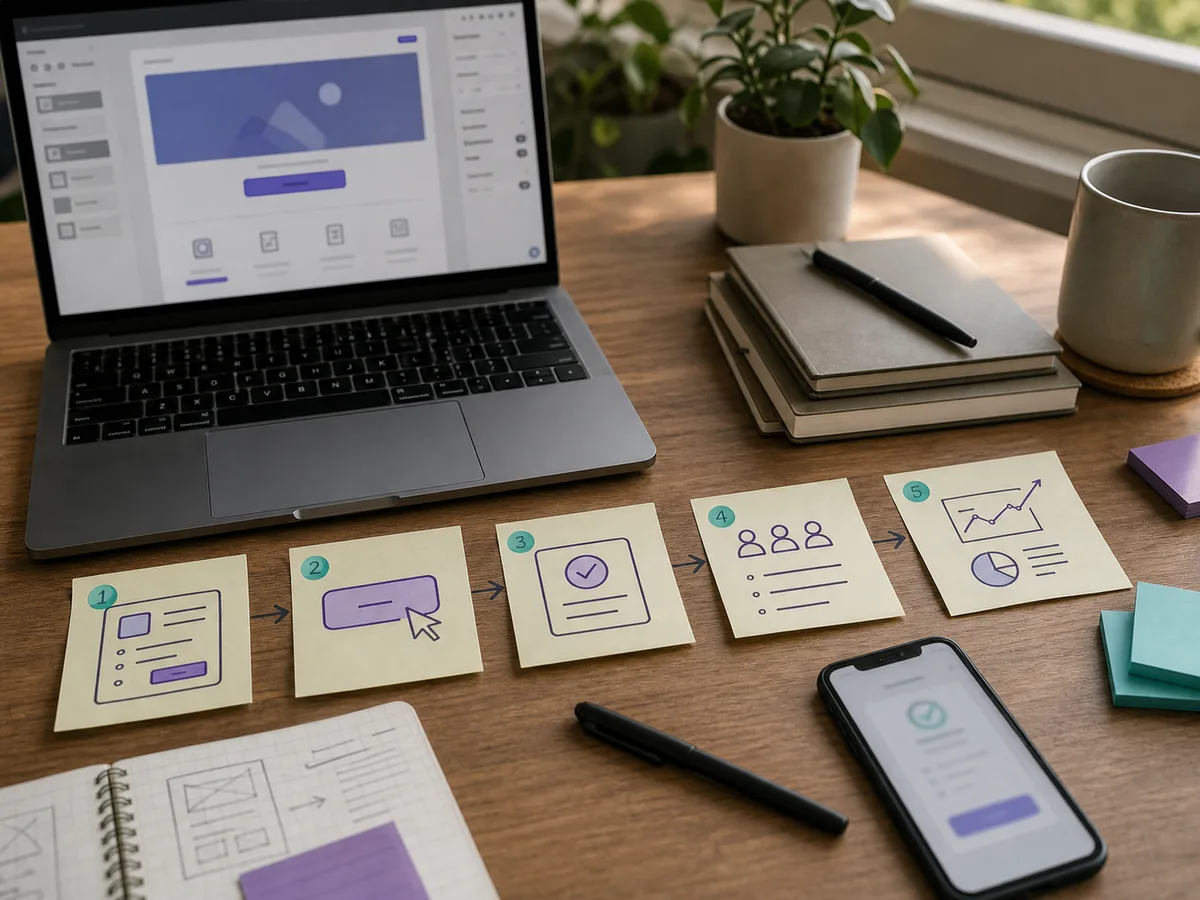 Founder workspace with a fake door test plan, landing page mockup, sticky notes, and reveal-page phone screen