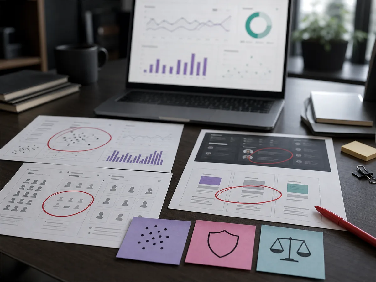 Founder desk with fake door test analytics, circled ad reports, pricing research, and risk analysis notes