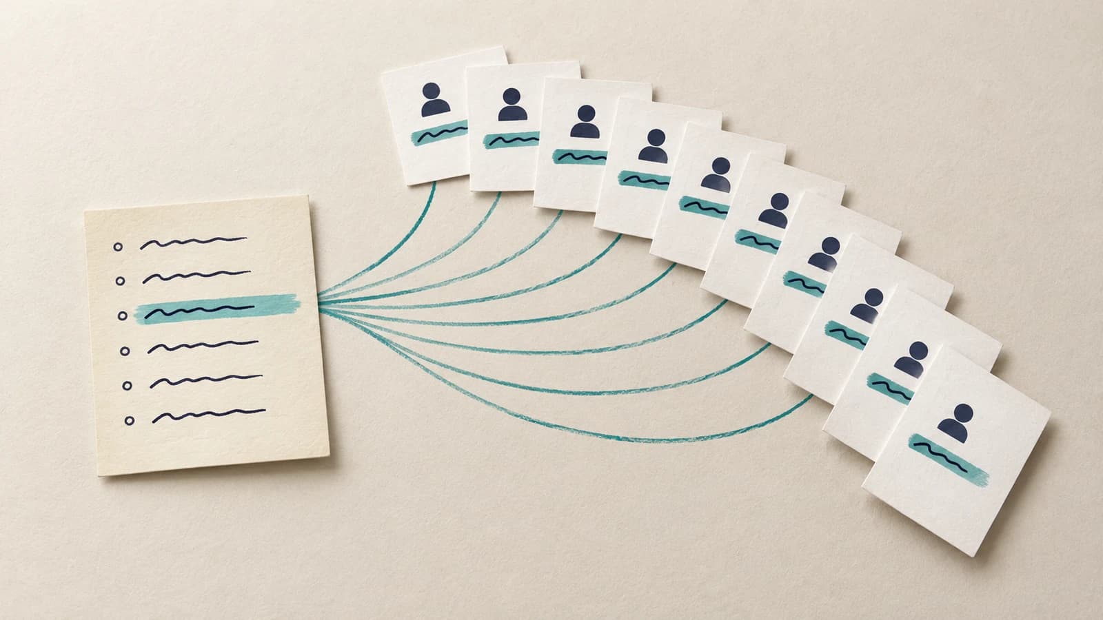 founder-skill consumer panel: a dealer hands out paper buyer cards, each stamped with one doubt copied from a short handwritten list on the table