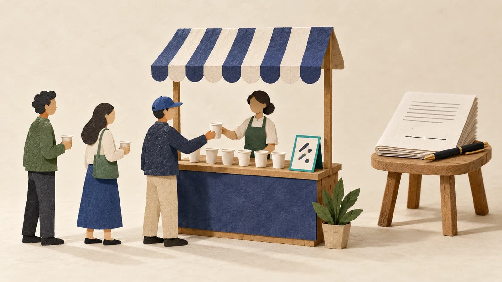 Before signing a lease: a small market stall with a handwritten price card and a short queue, an unsigned lease folded on a stool behind it