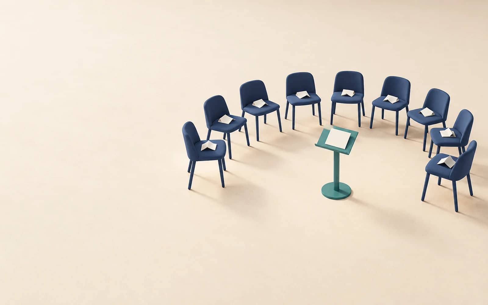 Founder skill review: ten empty navy chairs in an arc face a teal stand holding one card, a folded note left on every seat