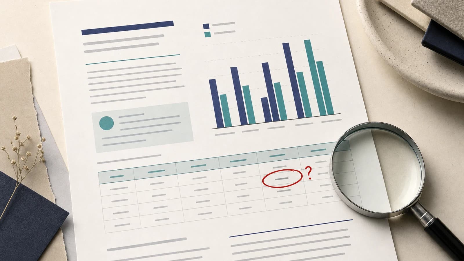 A clean, well-designed Genspark research report on a desk with one revenue figure circled in red as invented