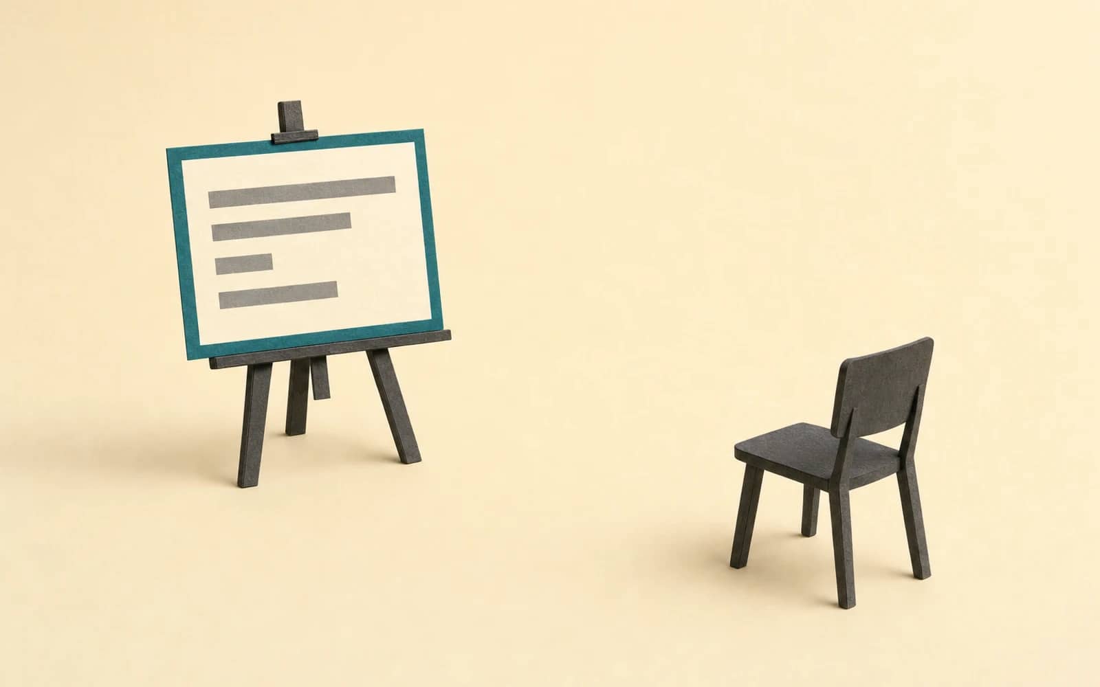 Genspark review: a finished presentation slide on an easel faces one empty chair, a polished deck with nobody yet asking for it