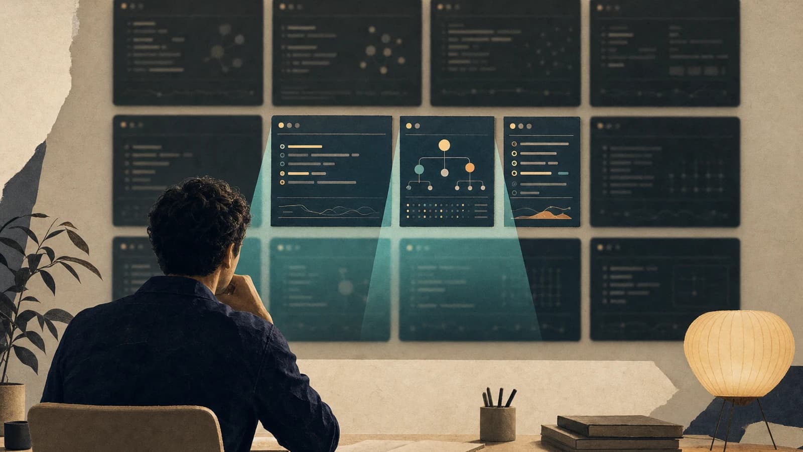 A founder facing a wall of terminal panes full of coding agents, able to follow only two or three of them at once