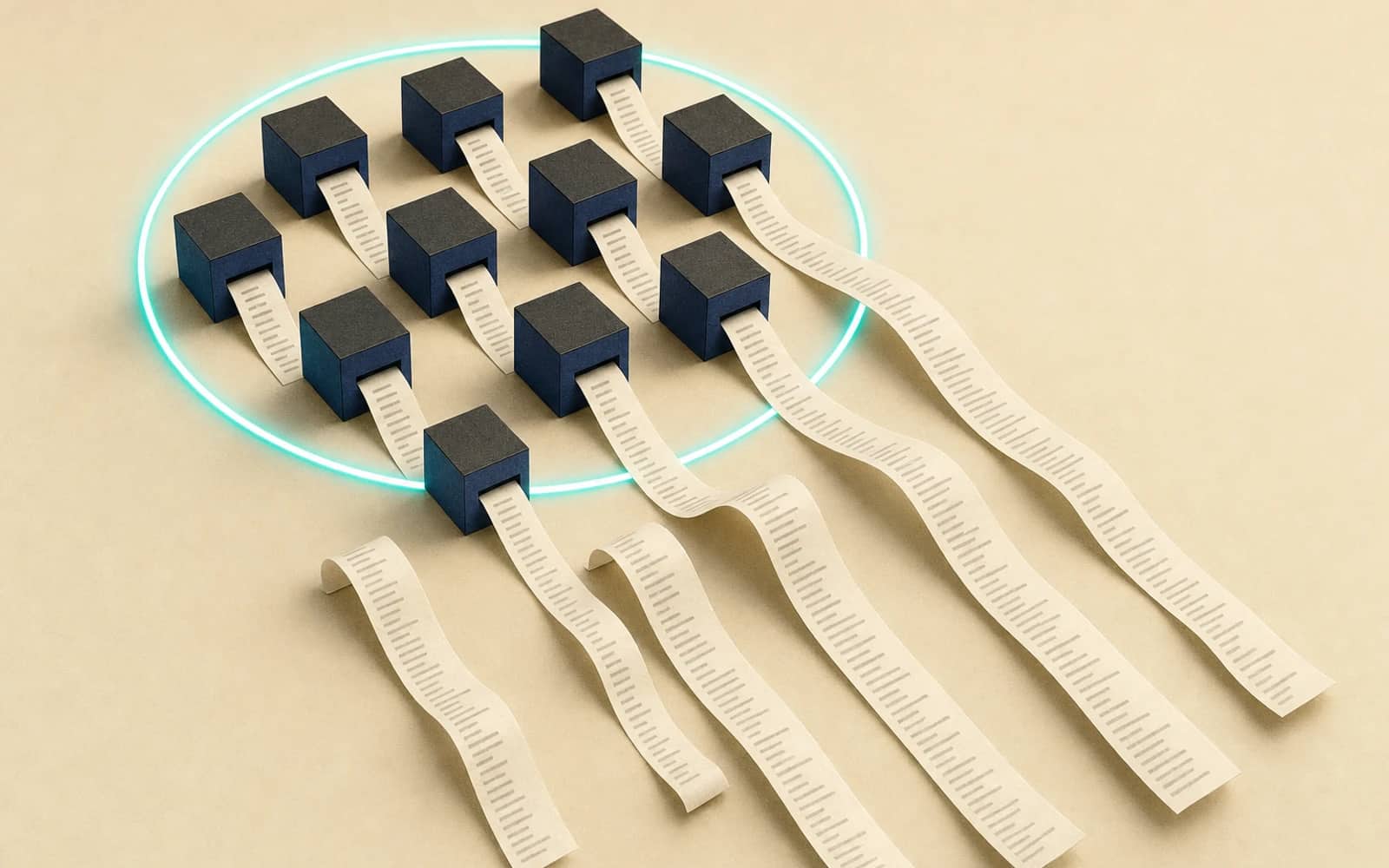 Herdr review: a thin glowing teal ring holds ten identical coding-agent cubes together, while each cube prints its own long paper receipt