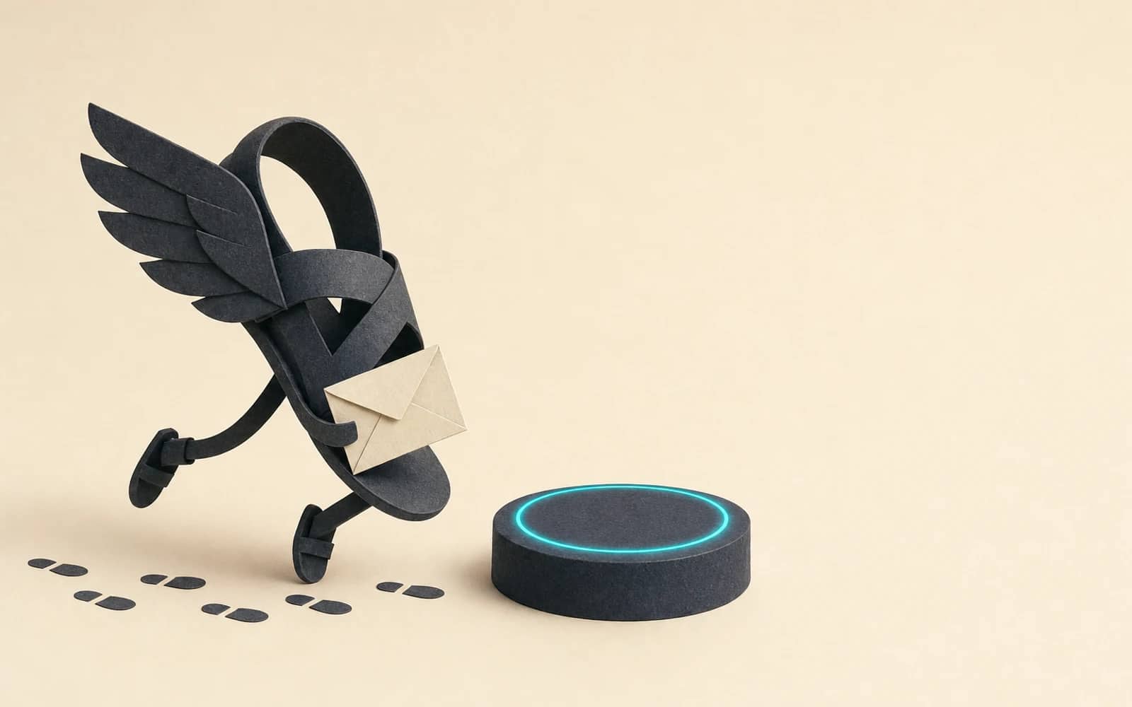 Hermes Agent review: a paper winged sandal carrying one envelope runs toward an empty round pedestal that has a single teal ring on top
