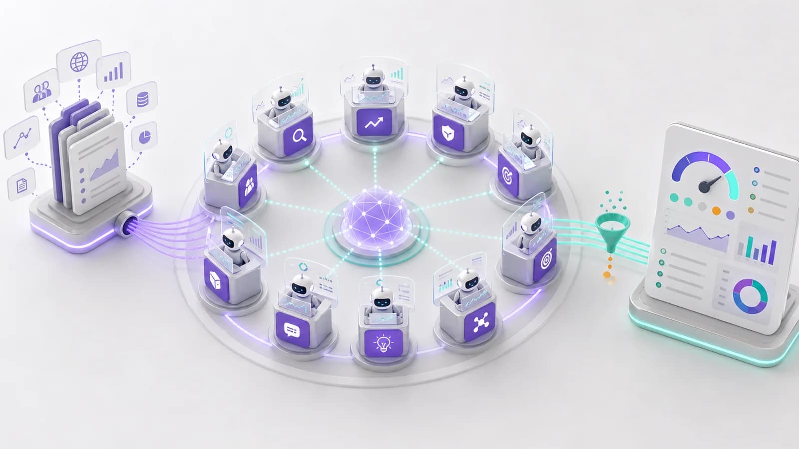 Ten AI agent nodes cross-validating startup evidence into a median viability score