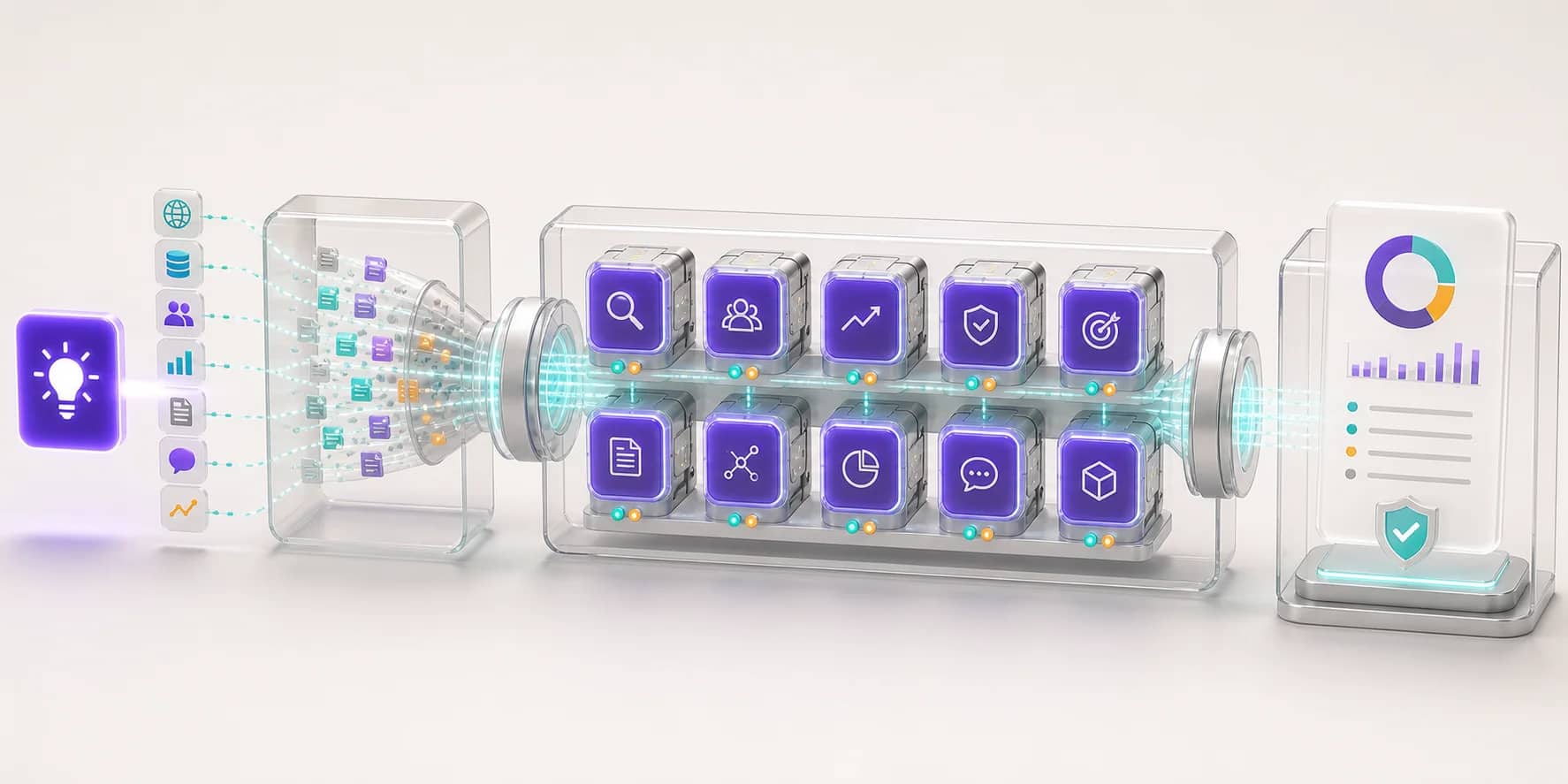 Diagram showing 10 AI agents analyzing a startup idea in parallel