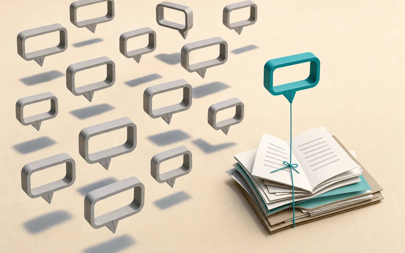 Grey AI speech bubbles floating loose while one teal bubble is tied by a thread to a stack of source documents