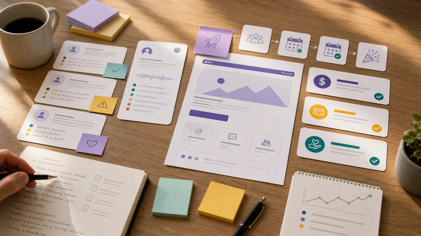 Customer interview notes and smoke test cards used to validate startup buyer commitment