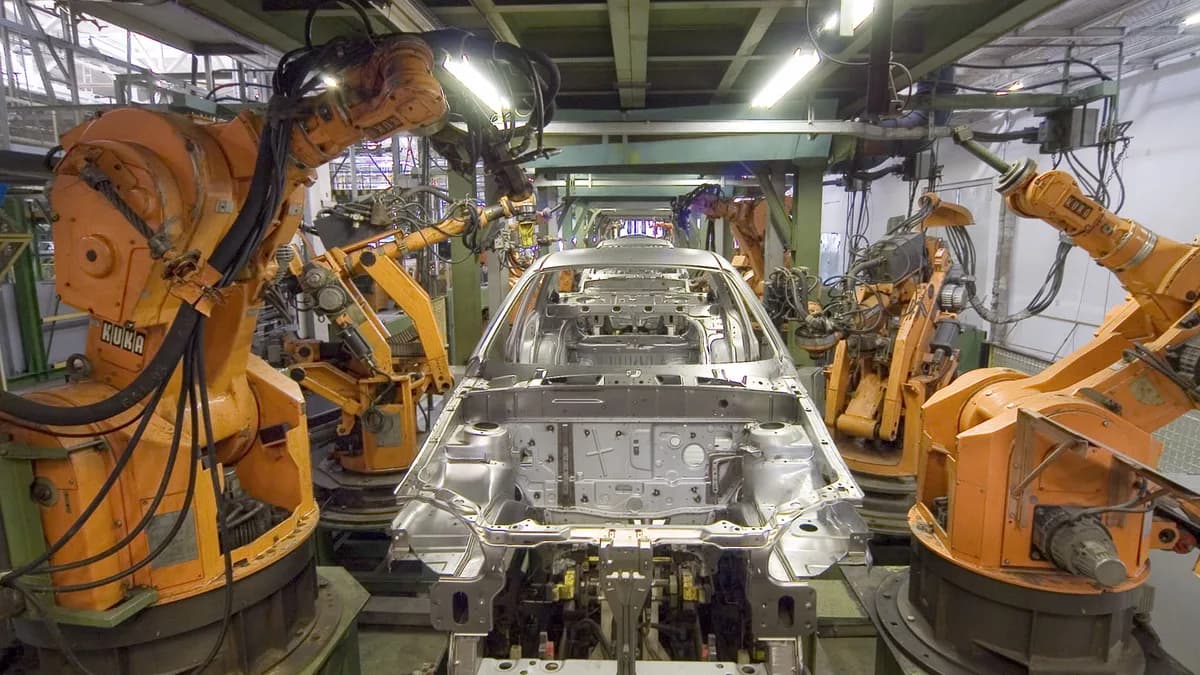 Brazos roboticos industriales KUKA ensamblando un coche en una linea de produccion representando la IA industrial