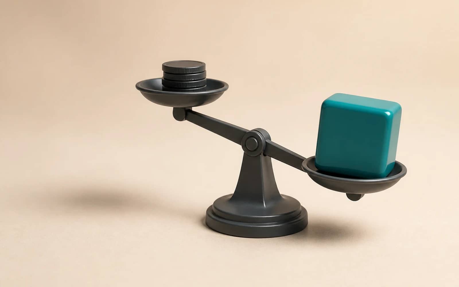 A balance scale weighing a small stack of coins against a larger teal block, showing the value outweighs the price