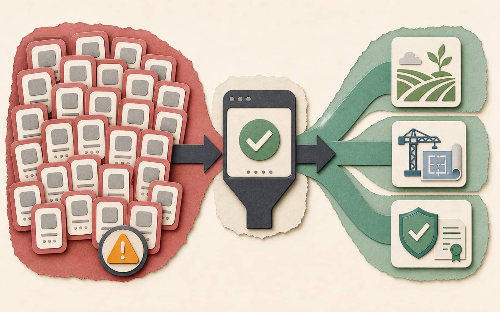 Crowded generic AI app tiles passing through a validation checkpoint into open vertical AI lanes