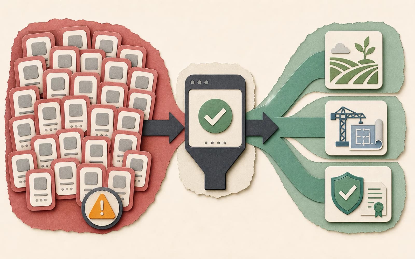 Crowded generic AI app tiles passing through a validation checkpoint into open vertical AI lanes