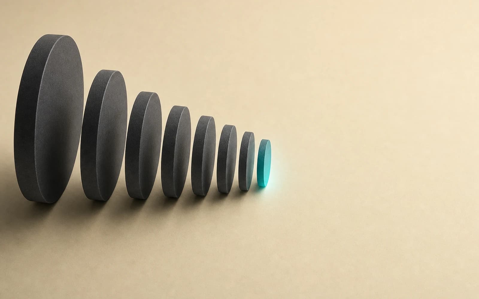 Manus AI review: a row of eight charcoal coins shrinking from large to small, the last one glowing teal, credits running out