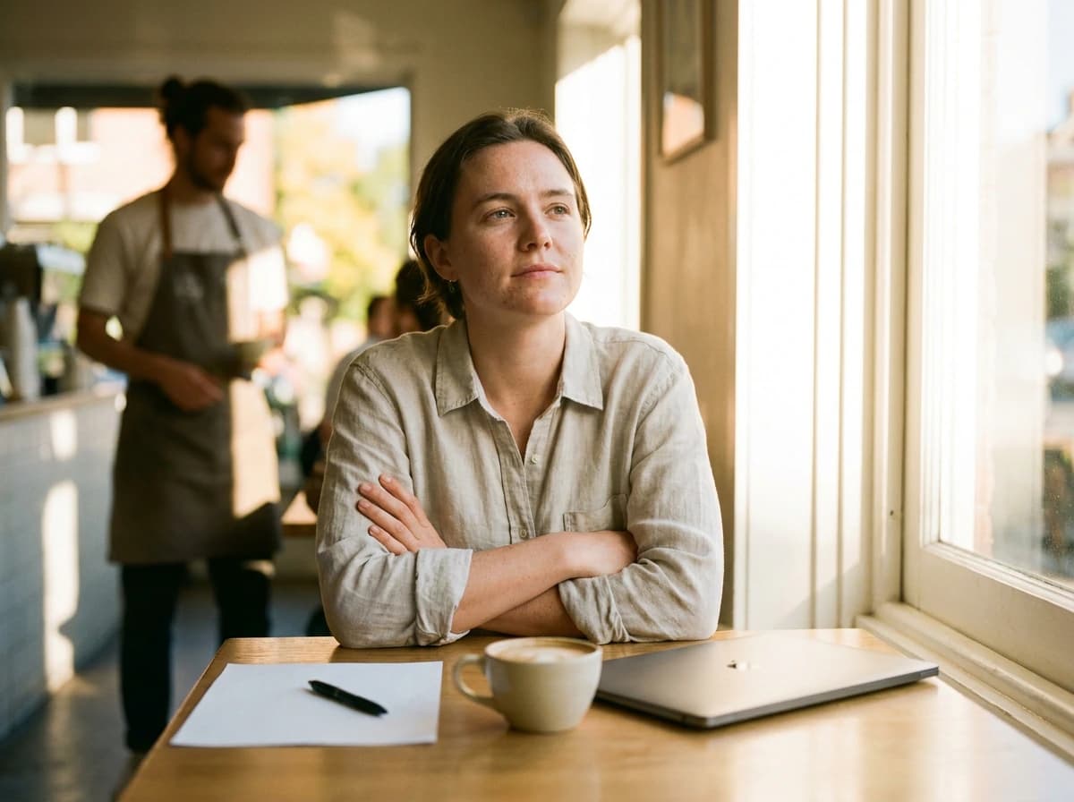 Founder in a cafe with a decisive expression after completing startup market research