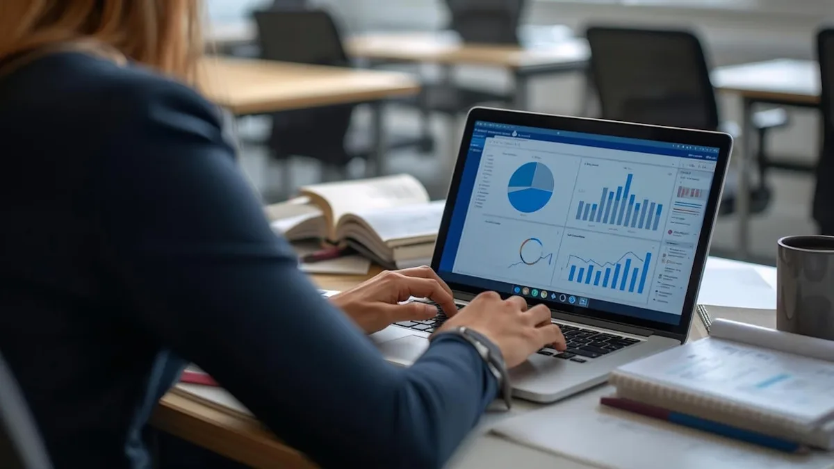 Founder analyzing market validation data with charts and graphs on laptop screen