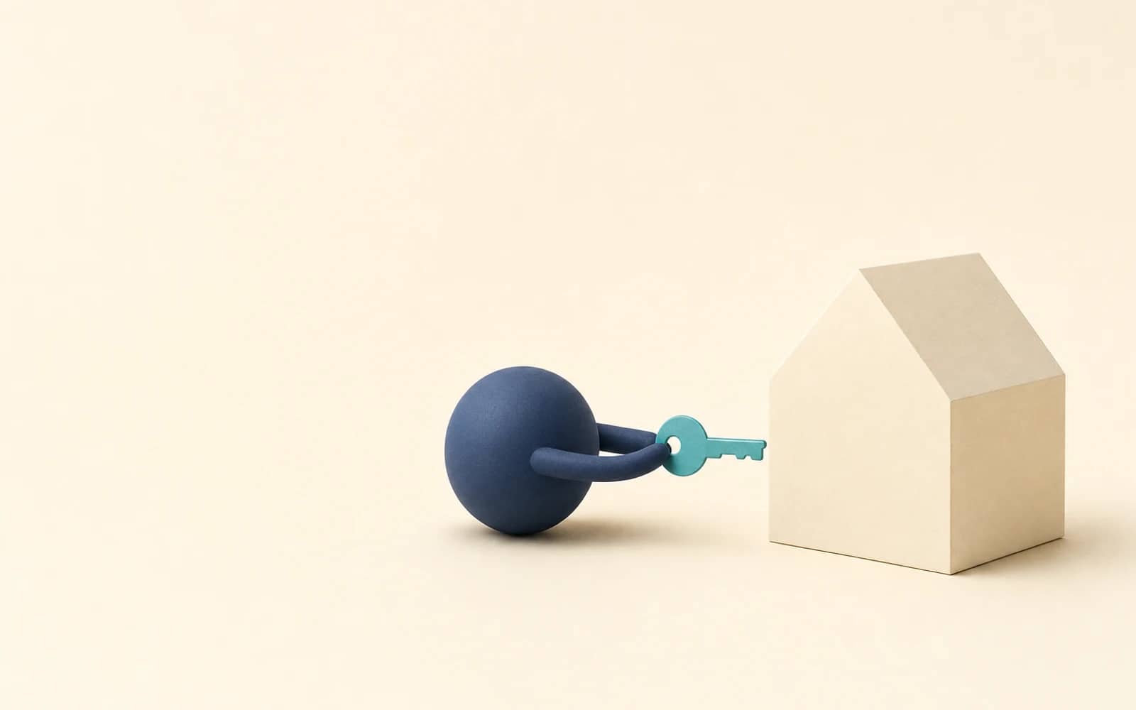 Meta Muse review: a small navy round helper holds out a teal house key toward a plain cream paper house, a helper going one step too far