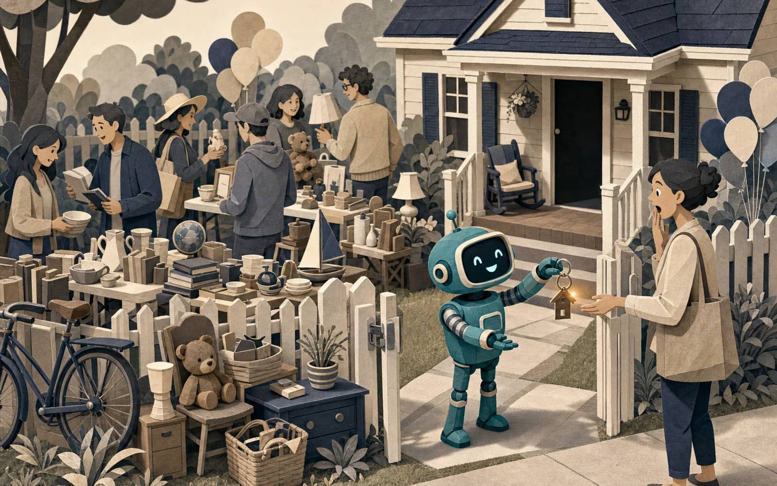 Meta Muse review: at a busy yard sale, a cheerful teal robot hands the house key to a surprised buyer at the gate, a helpful agent going one step too far