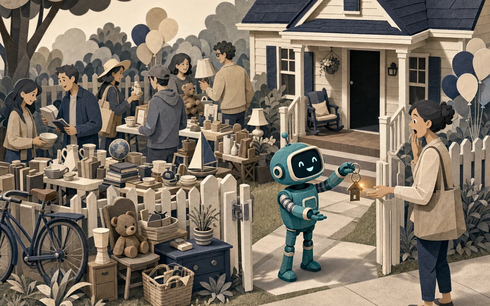 Meta Muse review: at a busy yard sale, a cheerful teal robot hands the house key to a surprised buyer at the gate, a helpful agent going one step too far