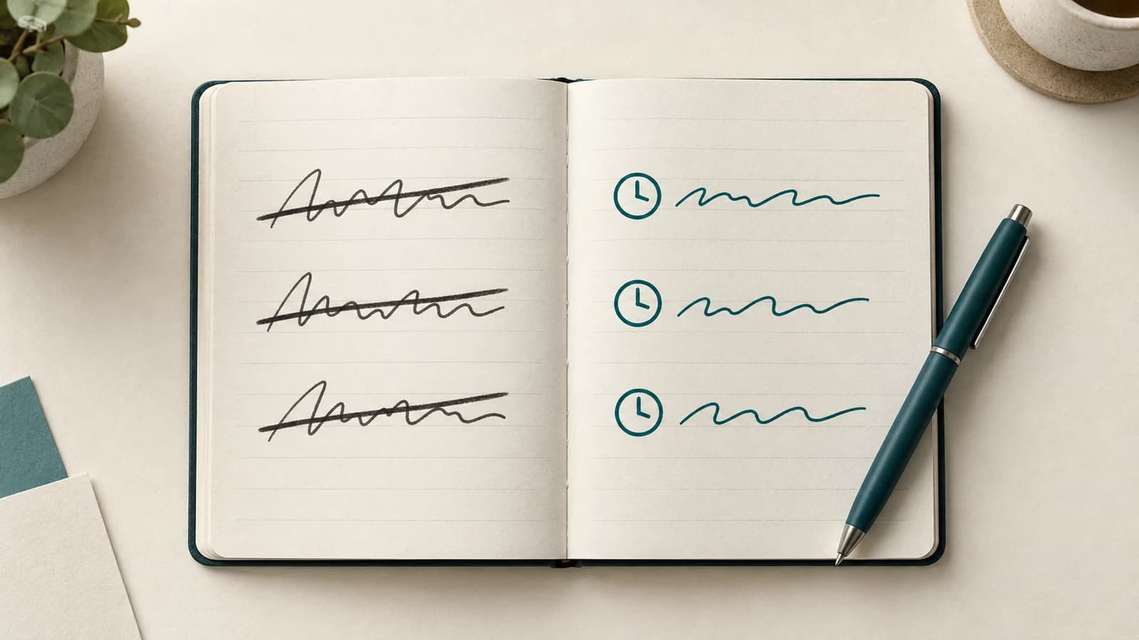 Notebook with vague interview questions crossed out on one page and rewritten in teal as questions about the past