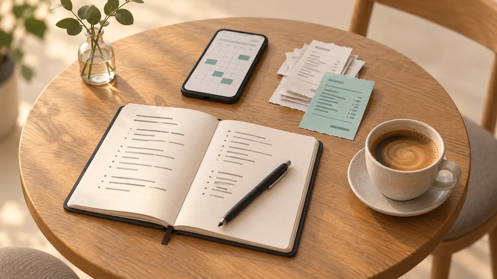 Cafe table with interview notes, a phone calendar and a stack of receipts showing what a problem costs