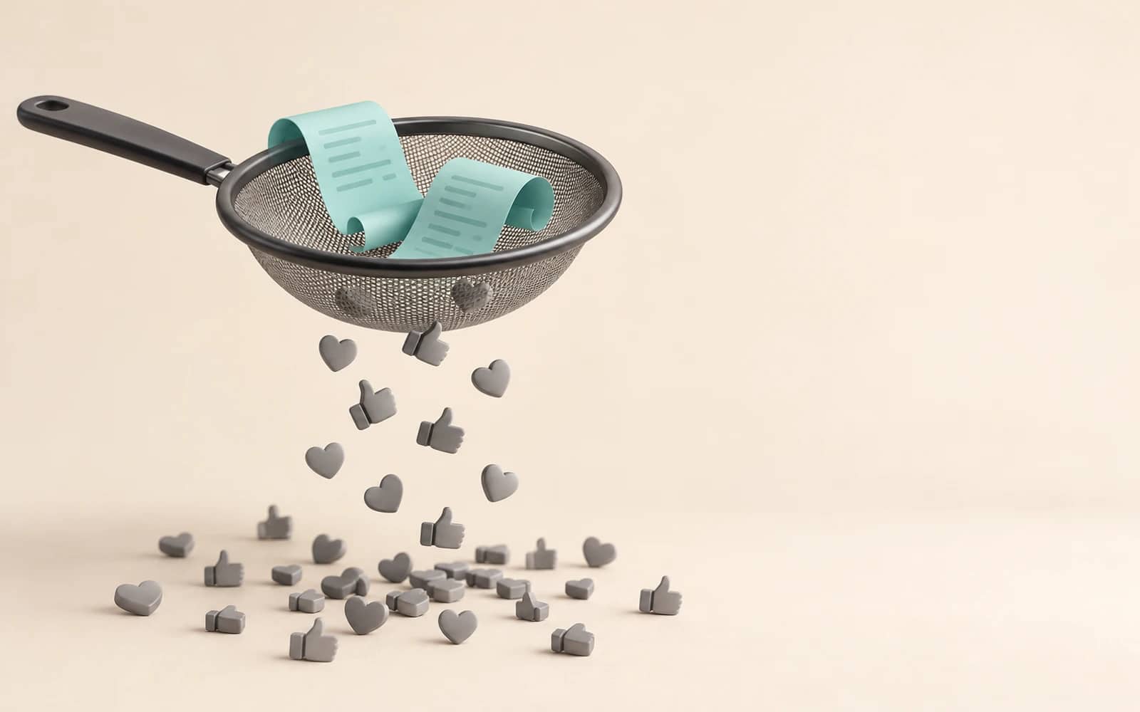 Kitchen sieve keeping two teal receipts while heart and thumbs-up tokens fall through it
