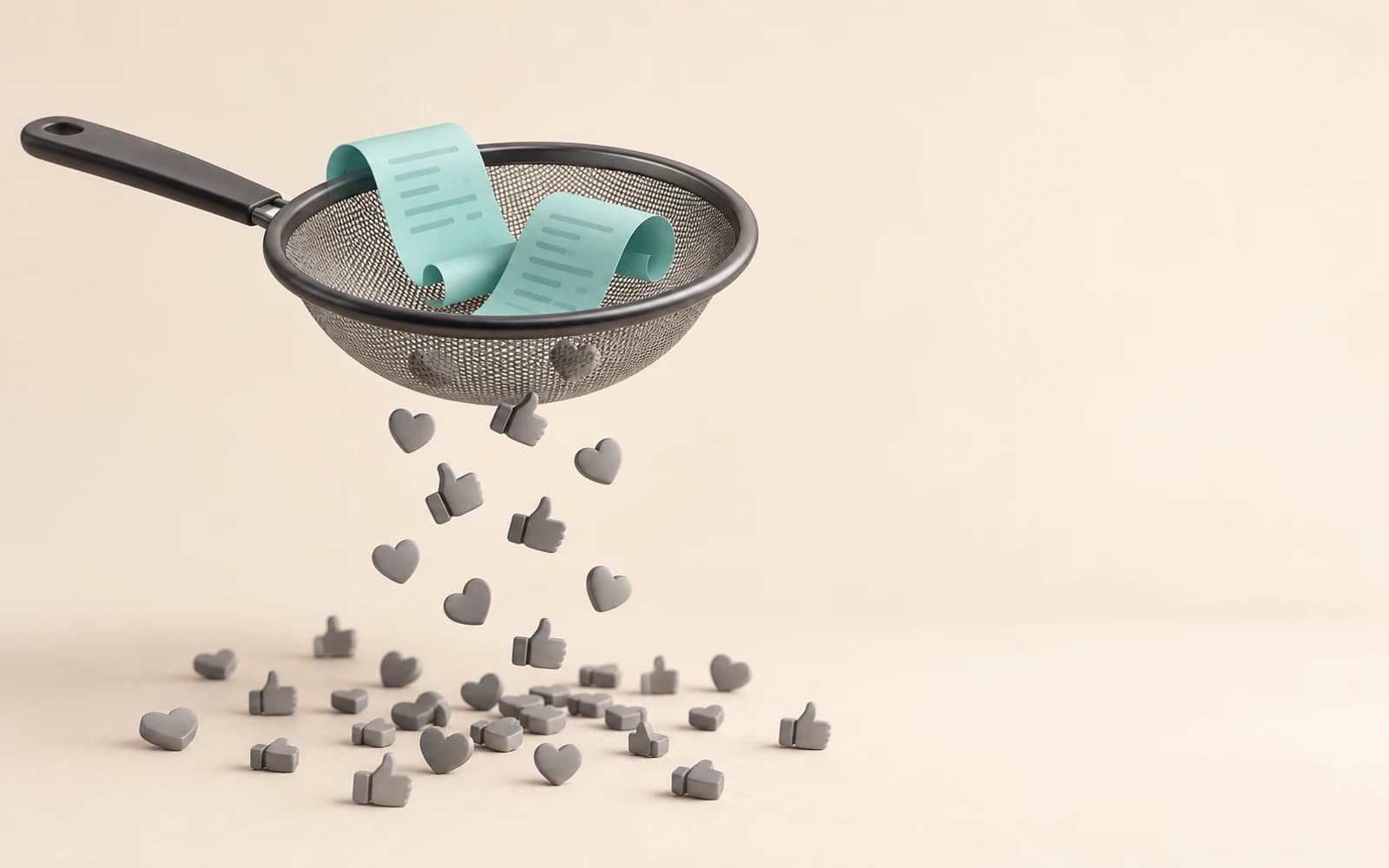Kitchen sieve keeping two teal receipts while heart and thumbs-up tokens fall through it