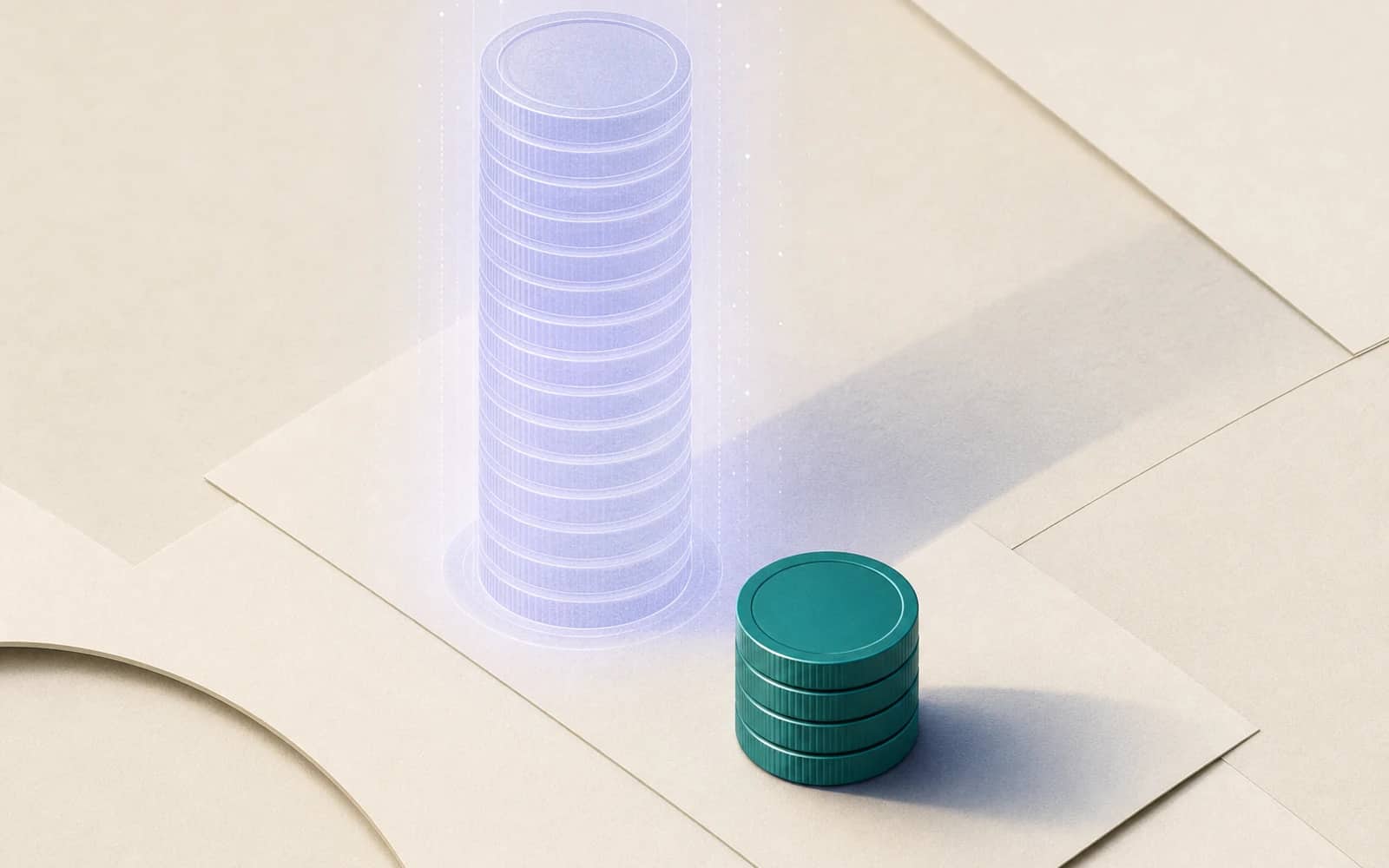 Isometric translucent ghost coin tower beside a small solid teal coin stack, imagined MRR versus real MRR