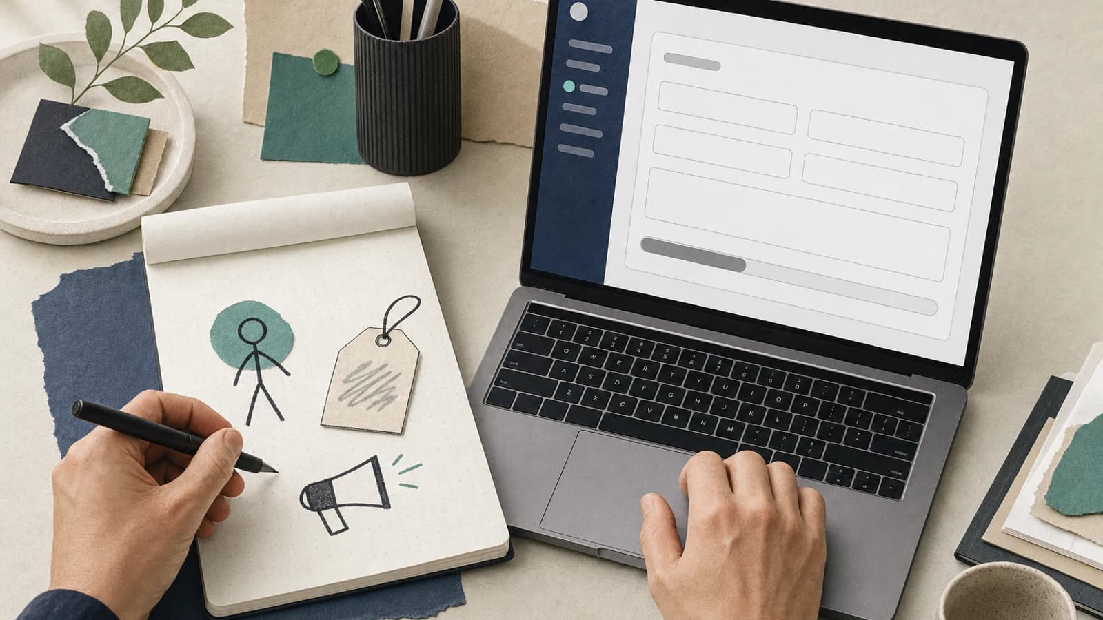 Founder pausing over an LLC filing form to sketch who the first paying client is, a price and a channel, before letting an AI agent incorporate