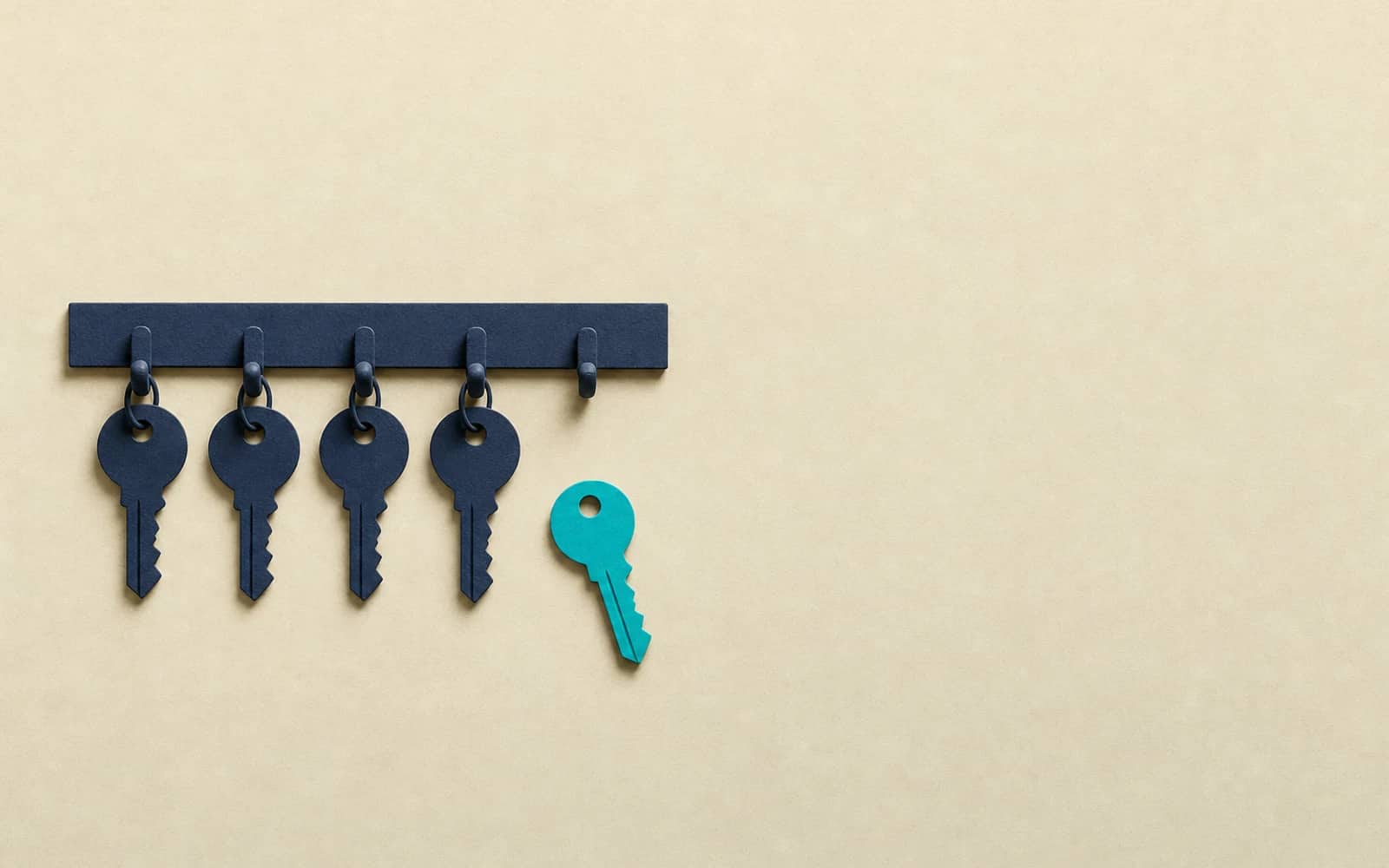 Naive AI review: a rack of four navy keys with one hook still empty and a single teal key waiting on the ground beside it