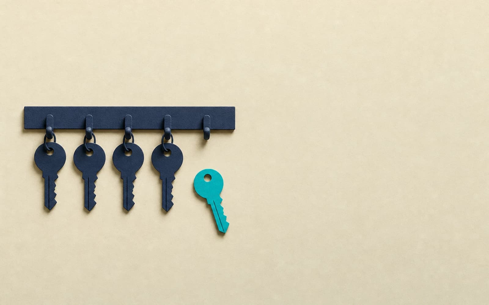 Naive AI review: a rack of four navy keys with one hook still empty and a single teal key waiting on the ground beside it