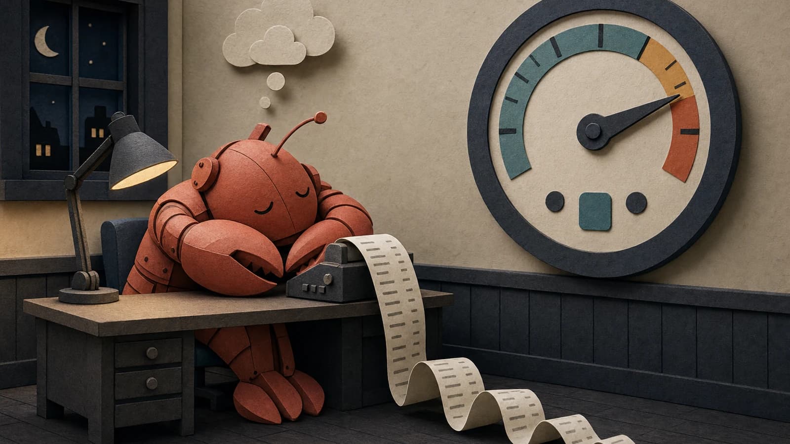OpenClaw cost per month: an idle lobster robot asleep at a desk while a meter on the wall keeps ticking up every half hour
