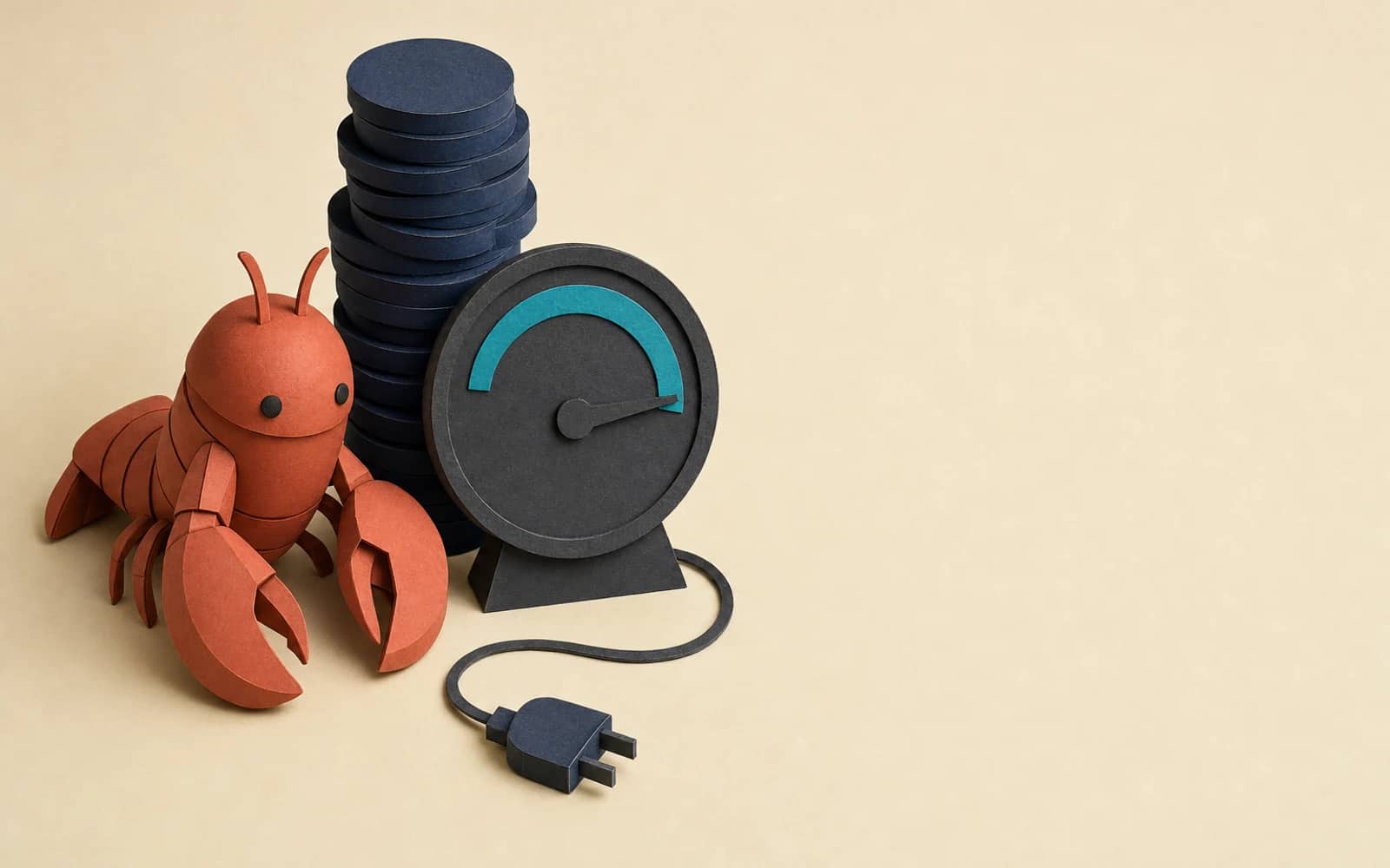 OpenClaw review: a red paper lobster robot sitting beside a tall stack of coins and a meter dial with a teal arc and its needle high, a power plug lying on a plain cream ground