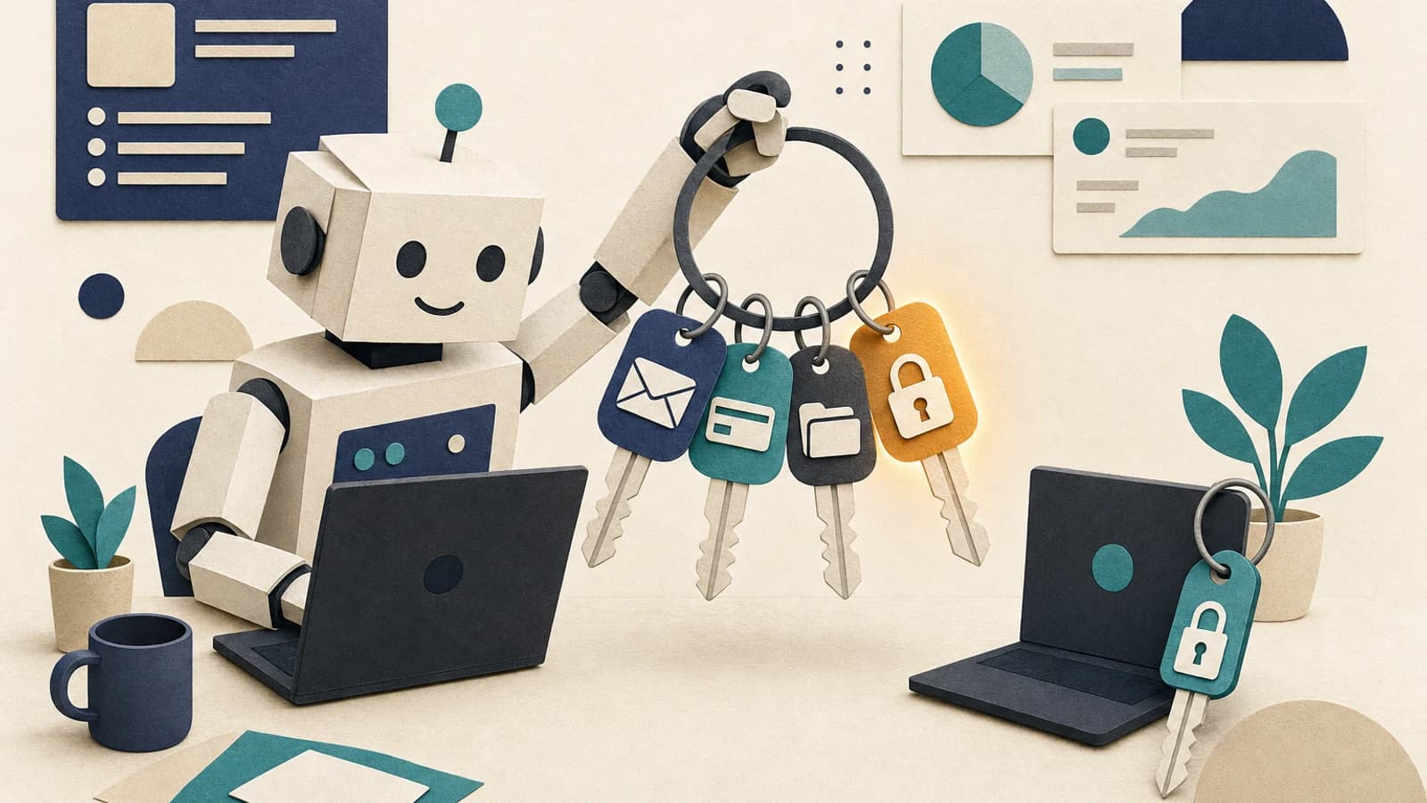 Paperclip AI security: an AI agent at a laptop holding a ring of keys to email, payments and files