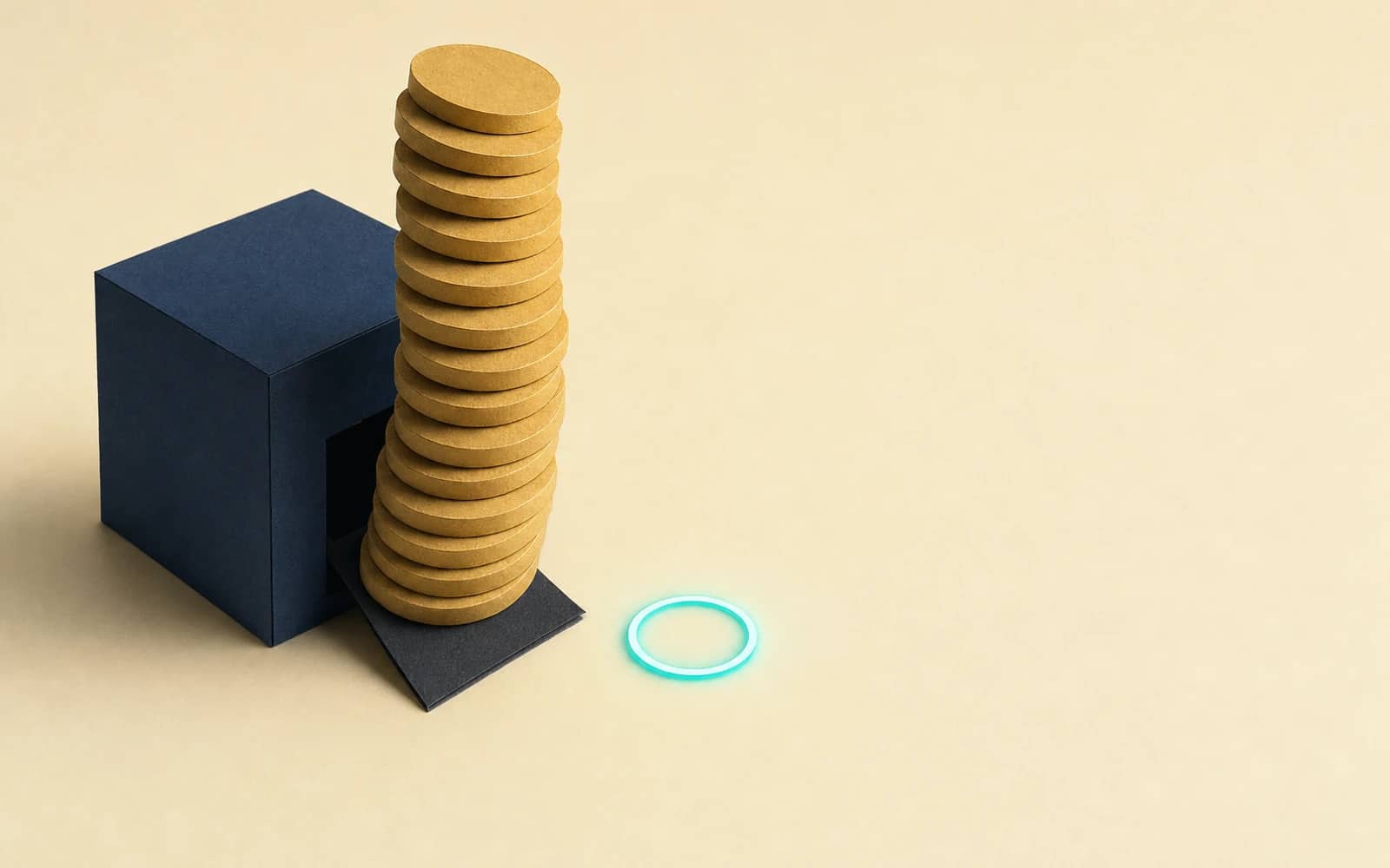 Paperclip AI review: a plain navy box with a tall stack of gold coins growing out of it, and an empty teal ring on the ground beside it