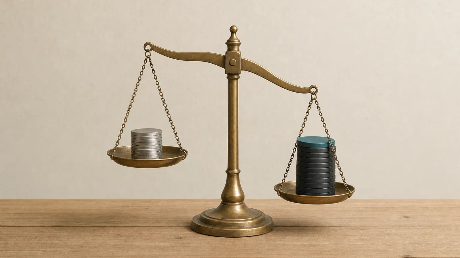 Brass balance scale on a shop counter with silver coins on one side and charcoal tokens on the other, tokens side lower