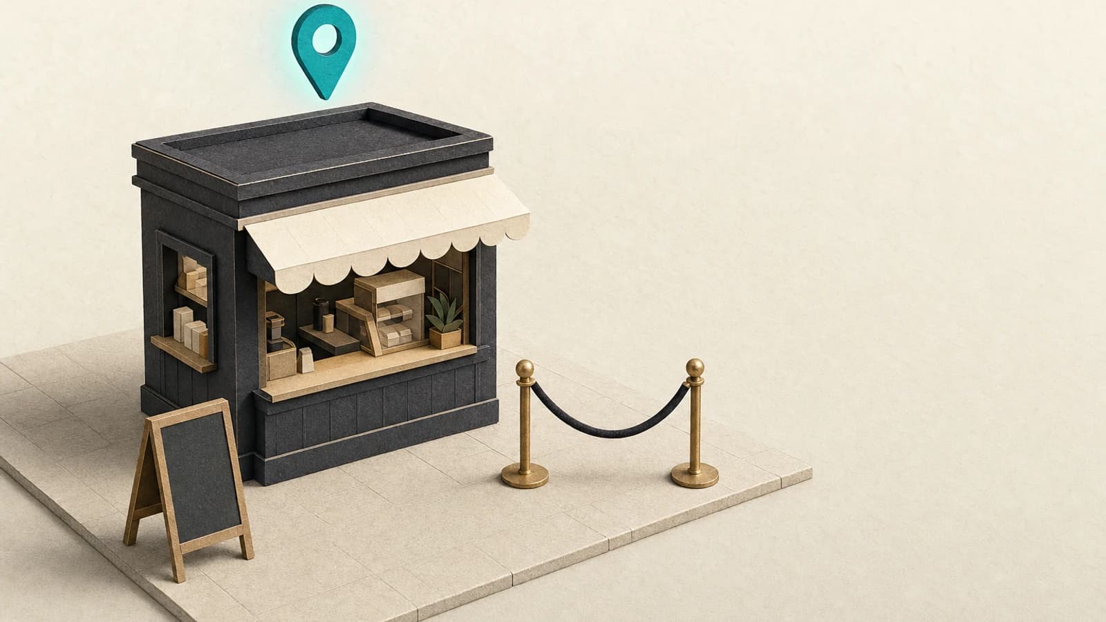 Tiny corner-shop kiosk with a blank chalkboard easel outside and an empty velvet queue rope, one teal location pin above